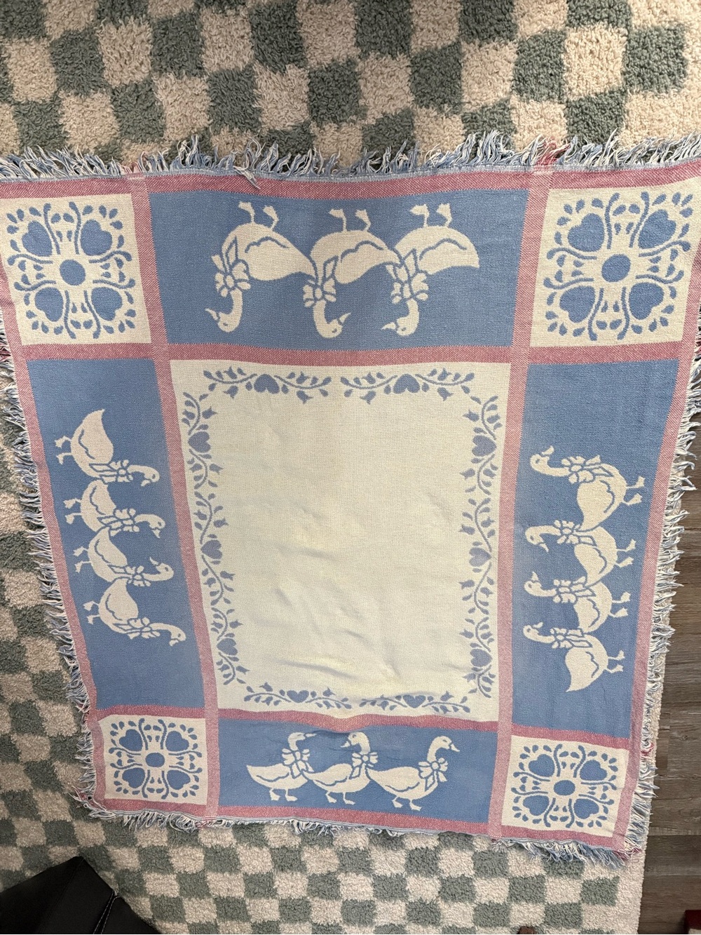 VTG Duck Goose Tapestry Blanket Woven Throw Blanket Blue Pink Cottage Core - Picture 2 of 7